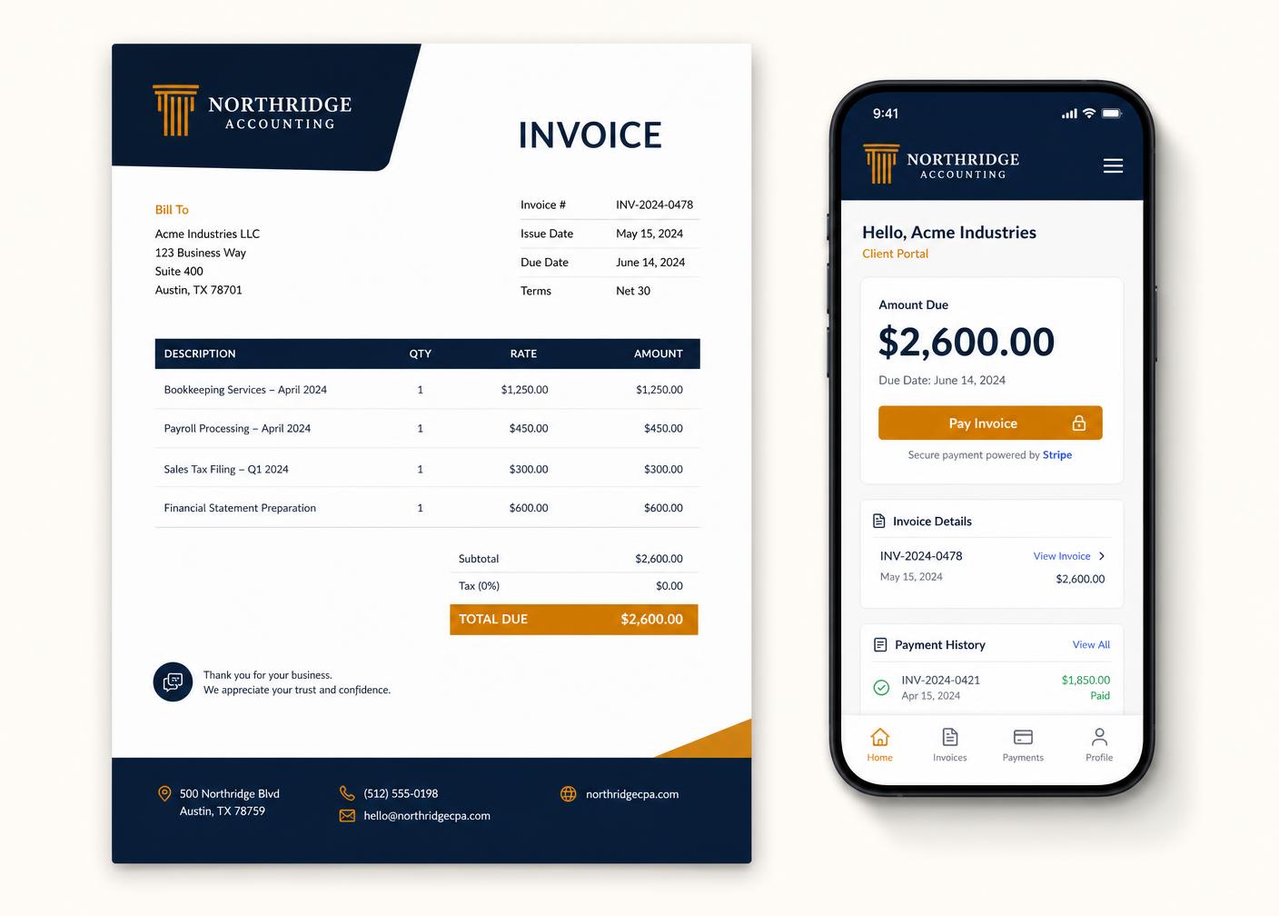 A branded invoice PDF next to a mobile client portal showing an amount due and a pay button